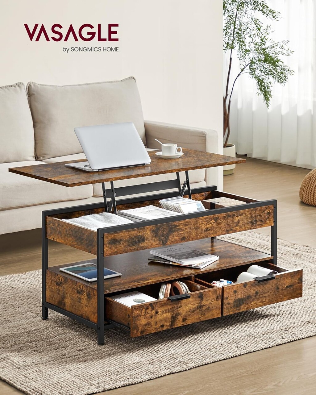 Masuta de cafea cu blat rabatabil, Vasagle, 100x50x48-63 cm, max 136 kg, maro - imagine 7